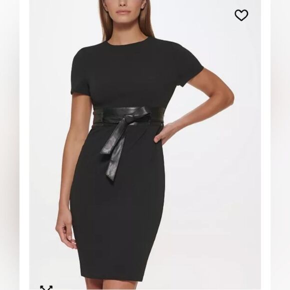 NWOT! Calvin Klein Black Solid Faux-Leather Tie-Waist Sheath Dress-Sz 8 - Picture 1 of 14